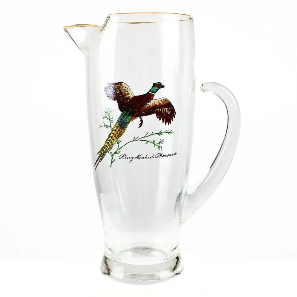 Cocktail Pitcher Rare Ring-Necked Pheasant Hand Painted Gold Rim Weighted Bottom
